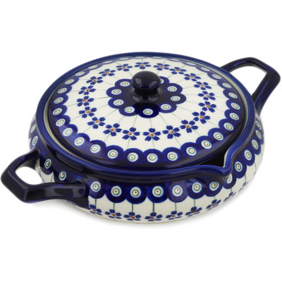 Polish Pottery Round Baker with Handles 10&quot; Flowering Peacock