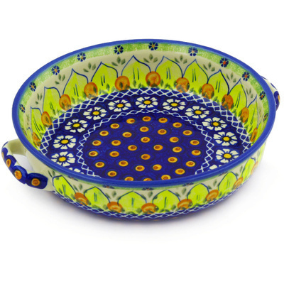 Polish Pottery Round Baker with Handles 11&quot; Sunflower Power UNIKAT