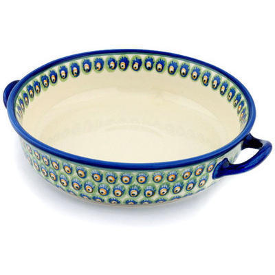 Polish Pottery Round Baker with Handles 13&quot; Peacock Feathers
