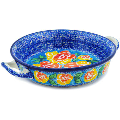 Polish Pottery Round Baker with Handles 6&frac12;-inch Matisse Flowers Golden UNIKAT