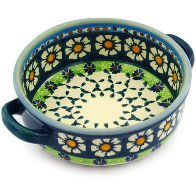 Polish Pottery Round Baker with Handles 7&quot; Green Daisy