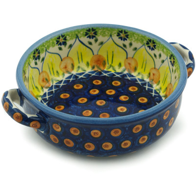 Polish Pottery Round Baker with Handles 7&quot; Sunflower Power UNIKAT
