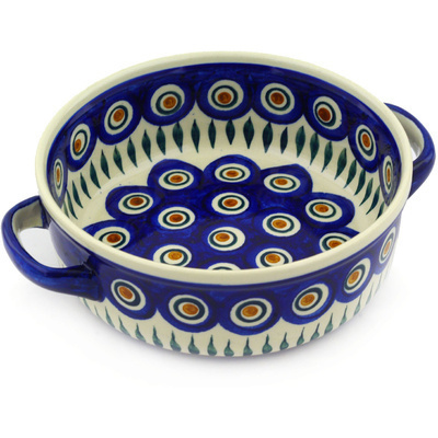 Polish Pottery Round Baker with Handles 8&quot; Blue Peacock