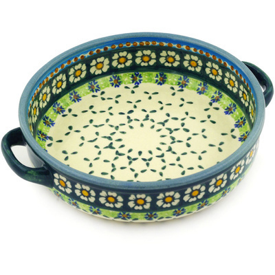 Polish Pottery Round Baker with Handles 9&quot; Green Daisy