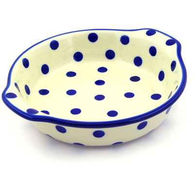 Polish Pottery Round Baker with Handles 9&quot; Happy Dots