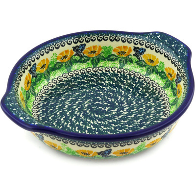 Polish Pottery Round Baker with Handles 9&quot; Poppies And Butterflies