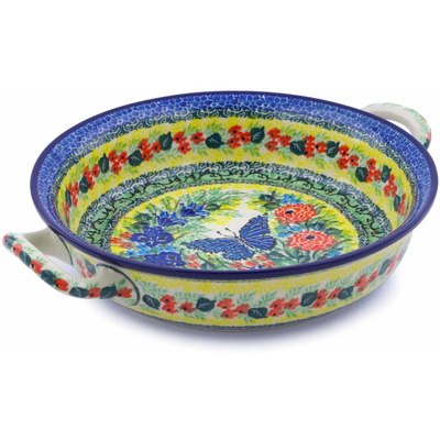 Polish Pottery Round Baker with Handles Medium Blue Butterfly Meadow UNIKAT