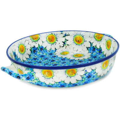 Polish Pottery Round Baker with Handles Medium Pansies And Daisies UNIKAT