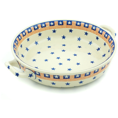 Polish Pottery Round Baker with Handles Medium Stars And Stripes