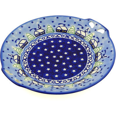 Polish Pottery Round Platter with Handles 10&quot; Village Stars UNIKAT