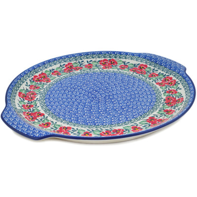 Polish Pottery Round Platter with Handles 13&quot; Red Pansy