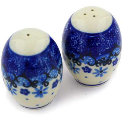 Polish Pottery Salt and Pepper Set 2&quot; Blue Blooms