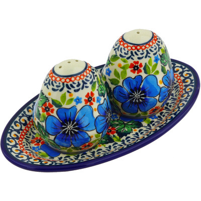 Polish Pottery Salt and Pepper Set 7&quot; Vibrant Blue Flowers UNIKAT