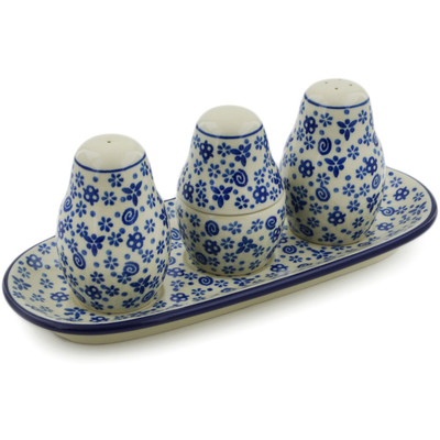 Polish Pottery Salt and Pepper with Toothpick Holder 10&quot; Blue Confetti