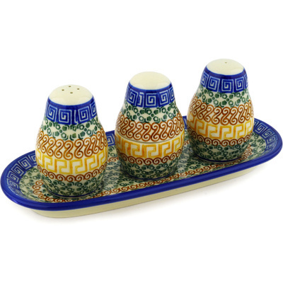 Polish Pottery Salt and Pepper with Toothpick Holder 10&quot; Grecian Sea