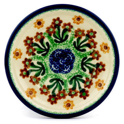 Polish Pottery Saucer 5&quot; Brown Daisy Dance