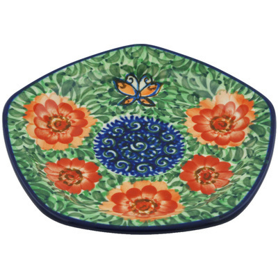 Polish Pottery Saucer 6&quot; Butterfly Peach Poppies UNIKAT