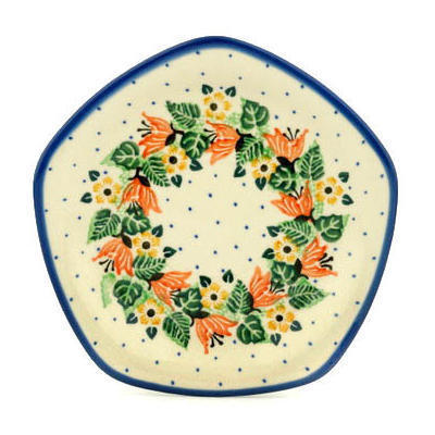 Polish Pottery Saucer 6&quot; Dotted Floral Wreath UNIKAT