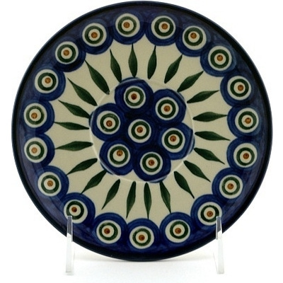 Polish Pottery Saucer 6&quot; Peacock Leaves