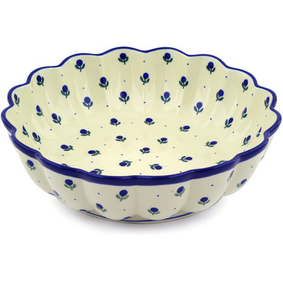 Polish Pottery Scalloped Bowl 12&quot; Blue Buds