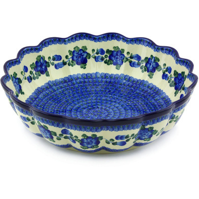 Polish Pottery Scalloped Bowl 13&quot; Blue Poppies