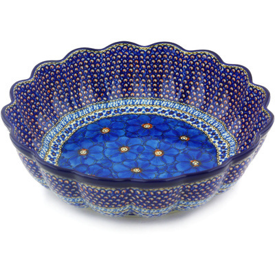 Polish Pottery Scalloped Bowl 13&quot; Cobalt Poppies UNIKAT