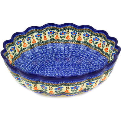 Polish Pottery Scalloped Bowl 13&quot; Orange And Blue Delight