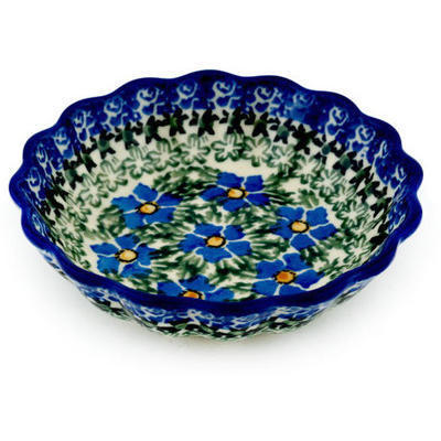 Polish Pottery Scalloped Fluted Bowl 5&quot; Blue Daisy Dream UNIKAT
