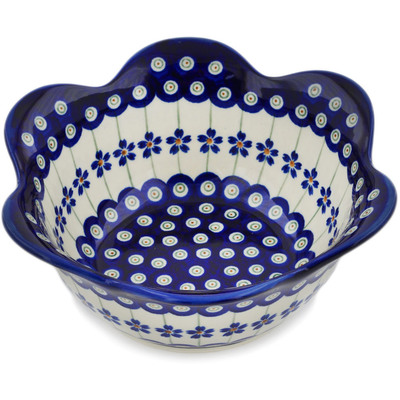 Polish Pottery Scalloped Fluted Bowl 8&quot; Flowering Peacock
