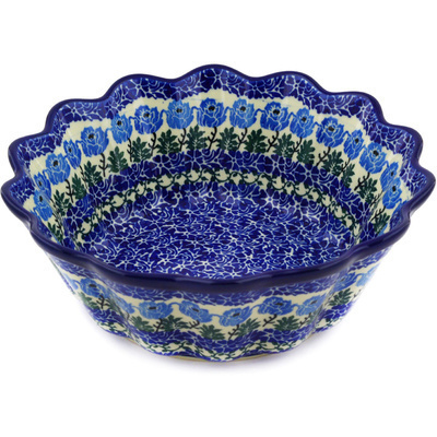 Polish Pottery Scalloped Fluted Bowl 9&quot; Blue Rosette Wreath