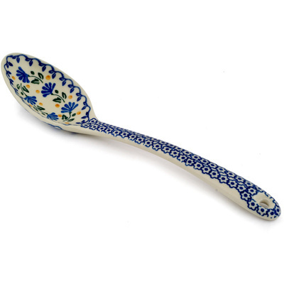 Polish Pottery Serving Spoon 13&quot; Blue Fan Flowers