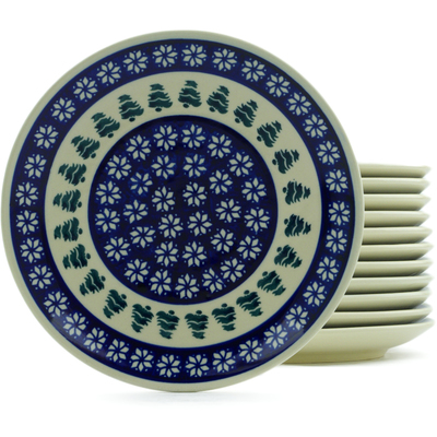Polish Pottery Set of 12 Plates 7&quot; Snowflakes And Pines