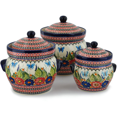 Polish Pottery Set of 3 Jars 10&quot; Spring Splendor UNIKAT