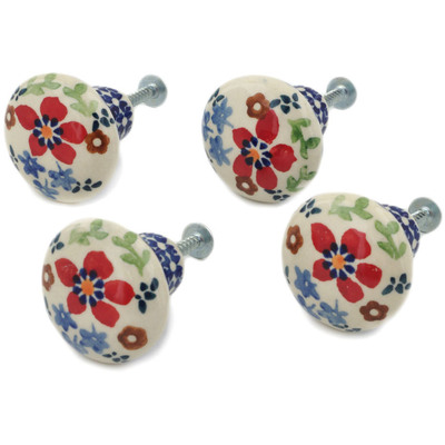 Polish Pottery Set of 4 Drawer Pull Knobs 1-1/2 inch Red Flower Meadow