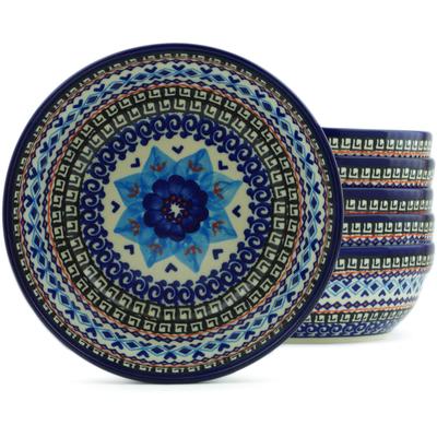 Polish Pottery Set of 6 Bowls 7&quot; Lotus Bloom UNIKAT