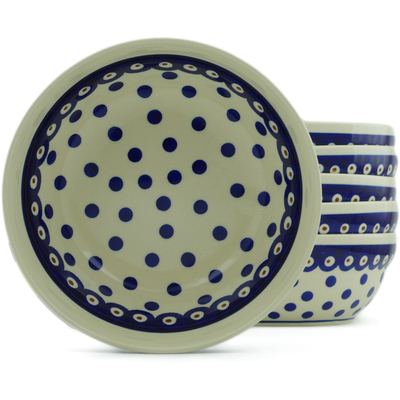 Polish Pottery Set of 6 Bowls 7&quot; Peacock Dots