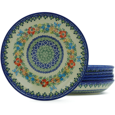 Polish Pottery Set of 6 Pasta Bowls 9&quot; Ring Of Flowers UNIKAT