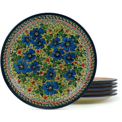 Polish Pottery Set of 6 Plates 11&quot; Vibrant Blue Flowers UNIKAT