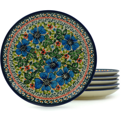 Polish Pottery Set of 6 Plates 7&quot; Vibrant Blue Flowers UNIKAT