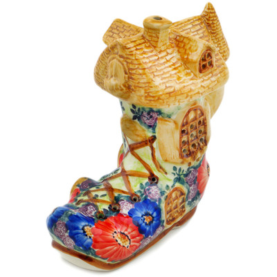 Polish Pottery Shoe Figurine 7&quot; Abundant Blooms UNIKAT