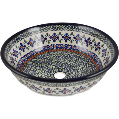 Polish Pottery Sink Bowl 17&quot; Gingham Flowers