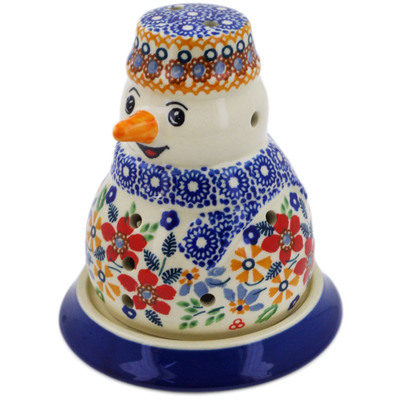 Polish Pottery Snowman Candle Holder 5&quot; Summer Bouquet UNIKAT