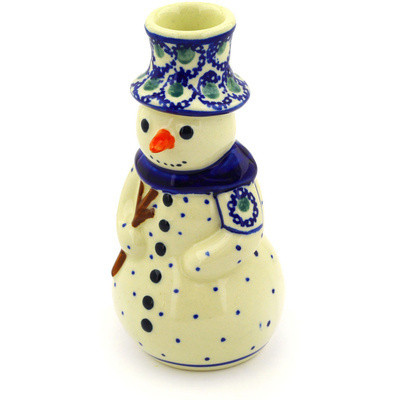 Polish Pottery Snowman Candle Holder 6&quot; Emerald Peacock Eyes