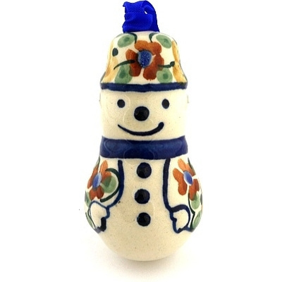Polish Pottery Snowman Ornament 3&quot; UNIKAT
