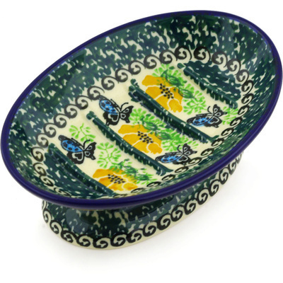 Polish Pottery Soap Dish 6&quot; Poppies And Butterflies