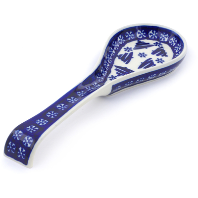 Polish Pottery Spoon Rest 10&quot; Winter Snowflake And Pine Tree