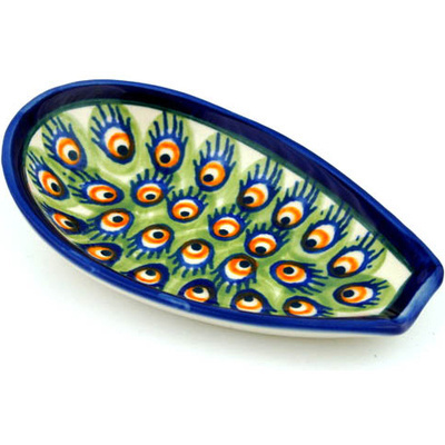 Polish Pottery Spoon Rest 5&quot; Peacock Feathers