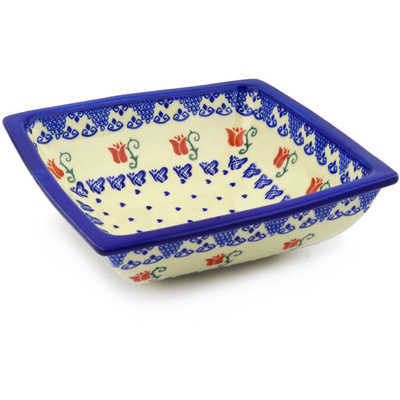 Polish Pottery Square Bowl 10&quot; Butterfly Tulips
