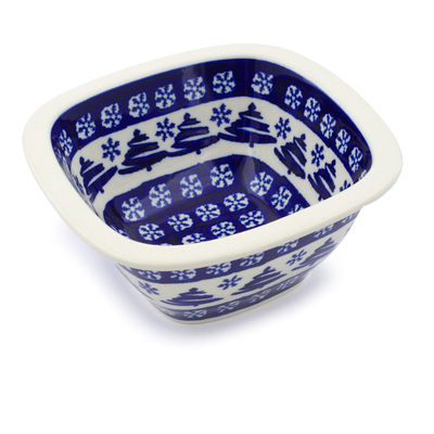 Polish Pottery Square Bowl 5&quot; Winter Snowflake And Pine Tree