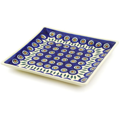 Polish Pottery Square Plate 10&quot; Blue Peacock